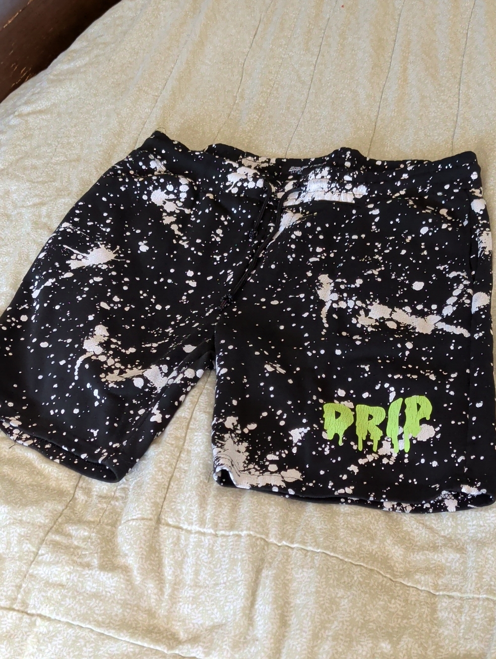 Black & White Splatter Men’s Swim/Board Shorts with Green 'DRIP' Accent